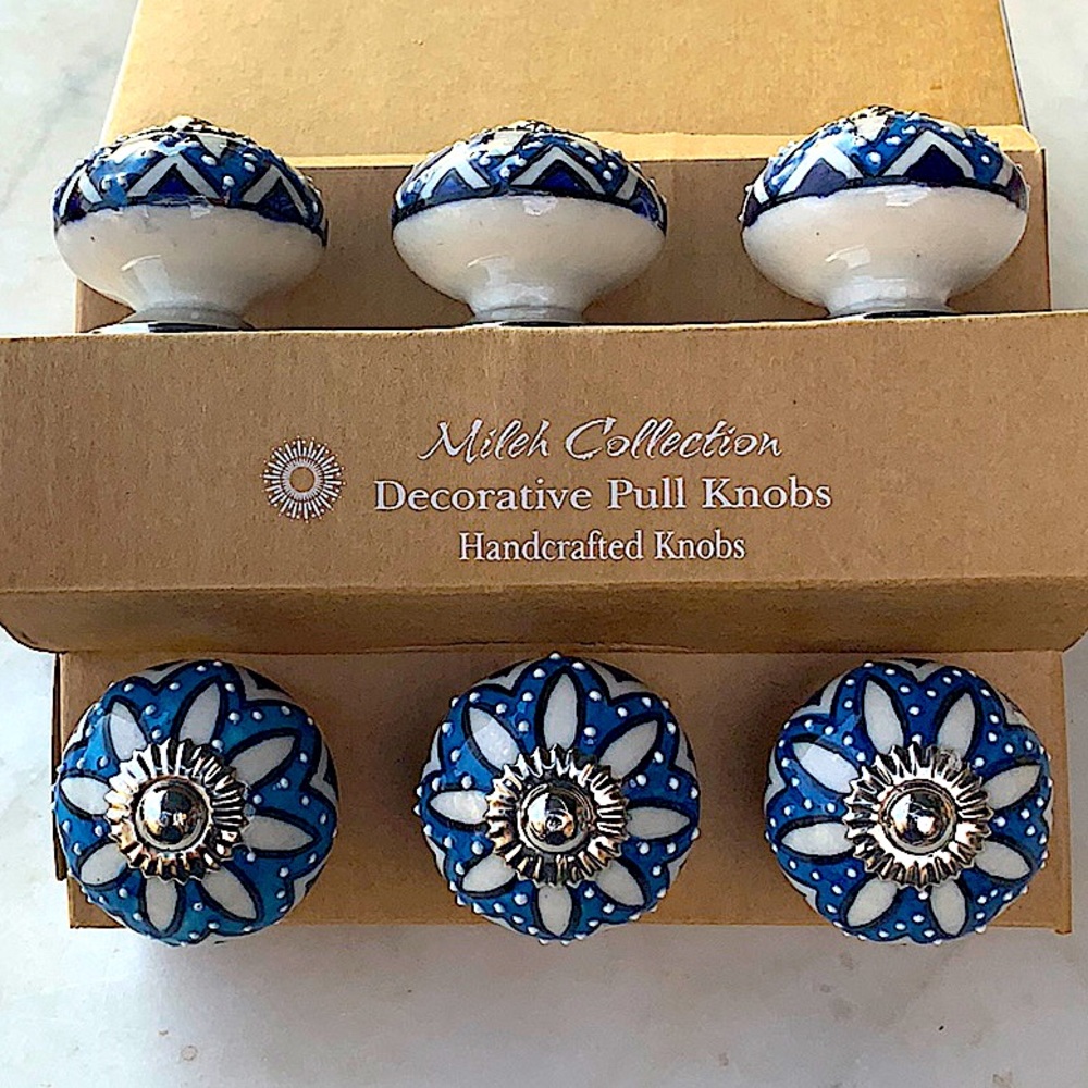 MILEH COLLECTION PULL KNOBS DECORATIVE BLUE WHITE PORCELAIN SET OF 6